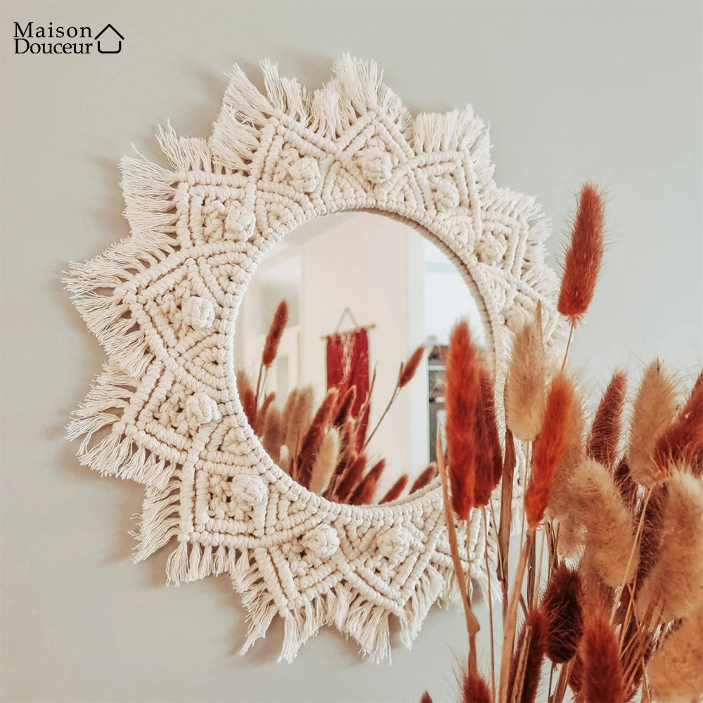 Miroir mural macramé crème