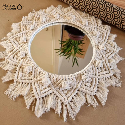 Miroir mural macramé crème